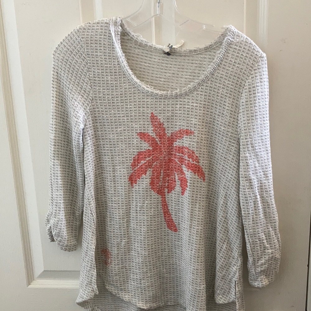 White Waffle Knit Top with Coral Palm Graphic